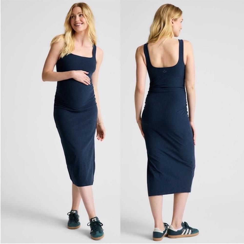 BEYOND YOGA SPACEDYE ICON bodycon Blue MATERNITY MIDI DRESS Sz S square neckline